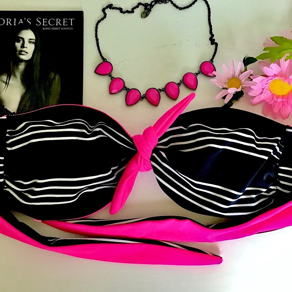 Victoria’s Secret PINK Black Stripe & Hot Pink Bikini Top Size Small
